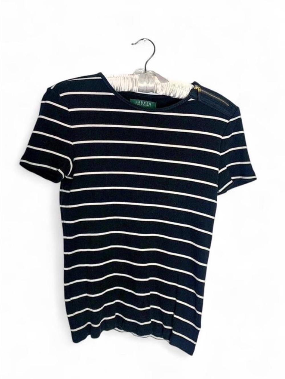 Lauren Ralph Lauren Striped Cotton Tee with Shoulder Zipper - Small